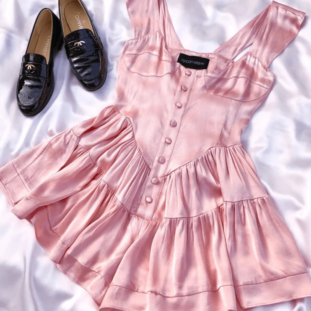 The Elisabeth Romper Dress - Pink Satin